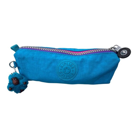Kipling Monkey Keychain Pencil Case Blue Nylon Zipper Pouch Compact Gorilla - Picture 1 of 10